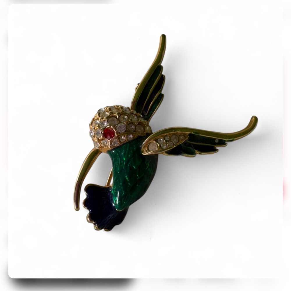 Stunning Hummingbird Brooch green with crystal accents vintage custom jewelry